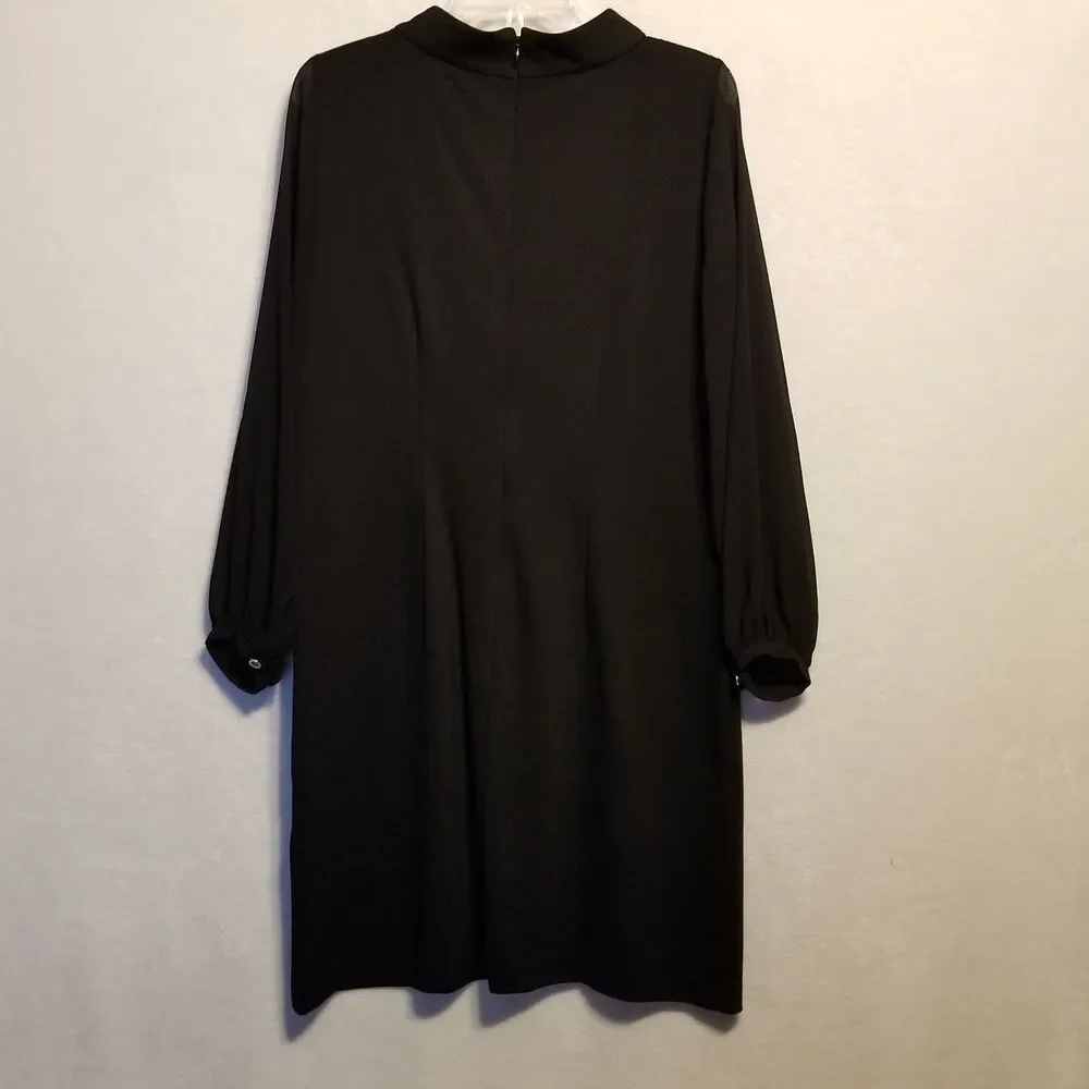 Talbots 10 Dress Black Sheer Sleeves Mock Neck Shift Short Mod Retro Whimsigoth